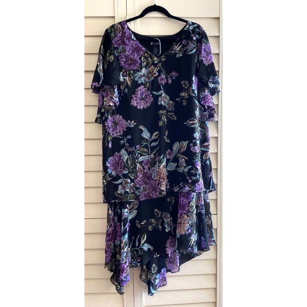 Eva Blue Floral Beaded Embroidered Asymmetrical Top & Skirt Size 18W